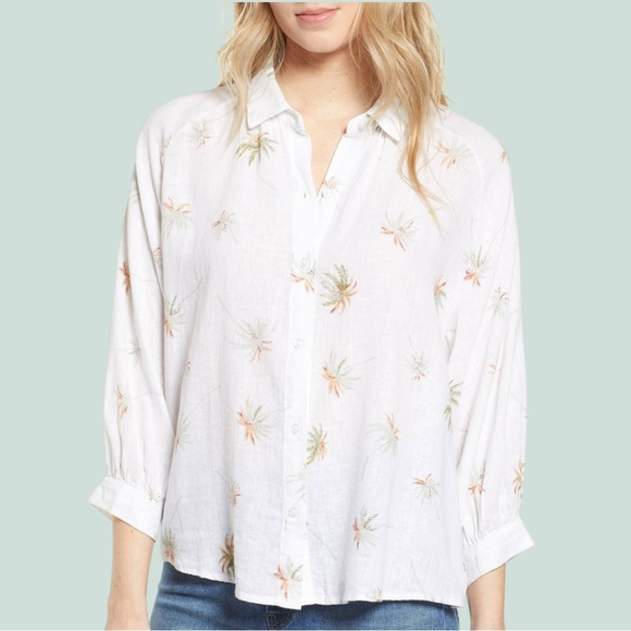 Rails Tops - Rails "Natalie" White Vintage Palms Linen Blend Button Front Shirt Size Large